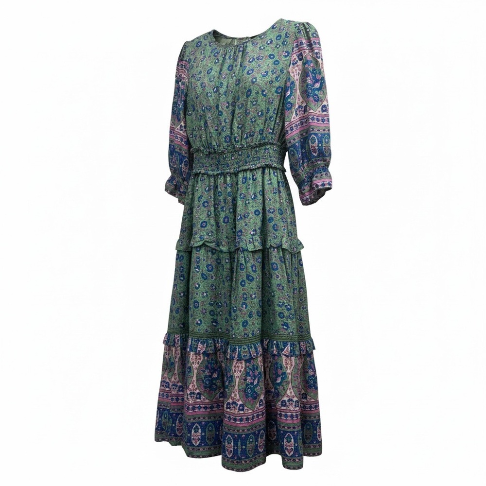 Anthropologie Floral Green and Purple Midi Dress